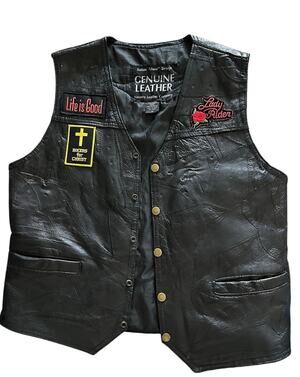 Navarre Leather Vtg Christian Motorcyclists Assoc Black Leather Vest Patch M Wom